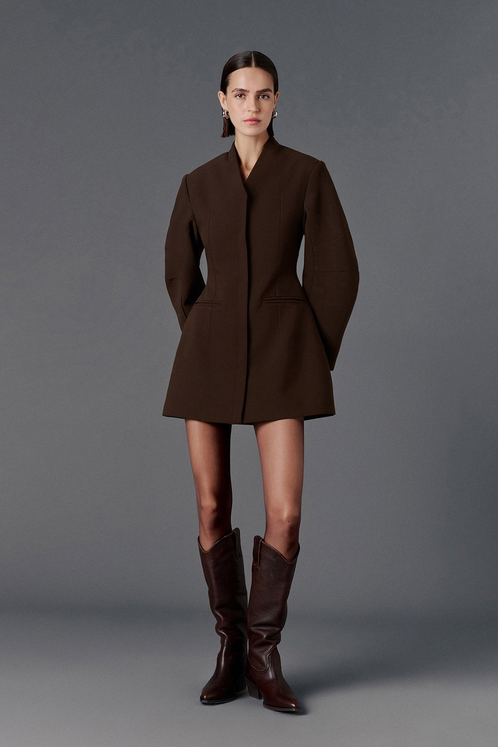 Wide Sleeve Fitted Dress - Brown