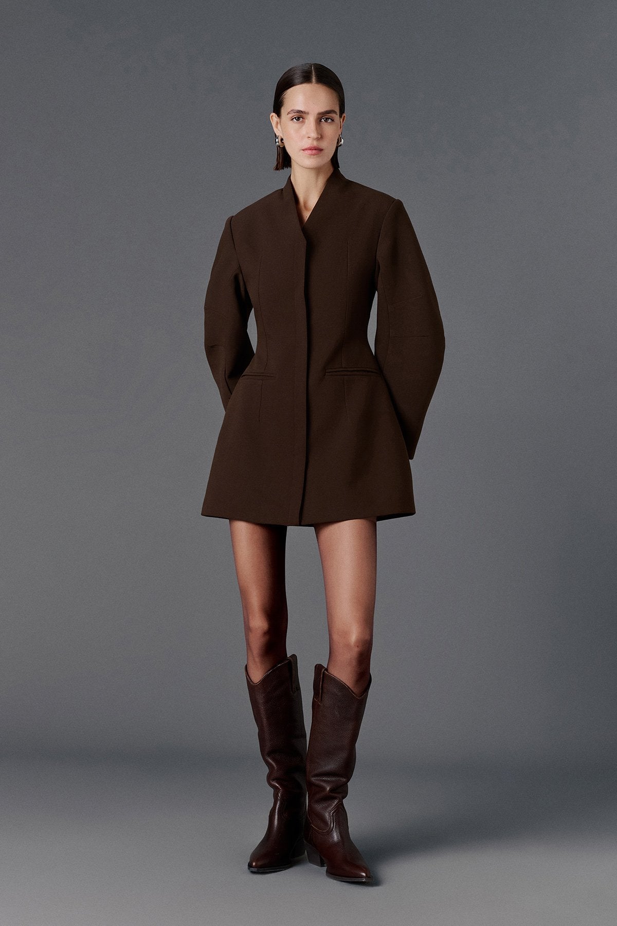 Wide Sleeve Fitted Dress - Brown