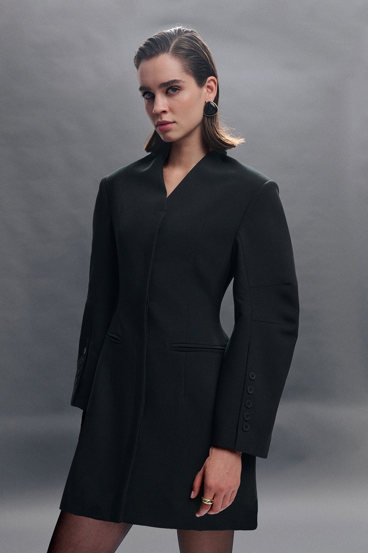 Wide Sleeve Fitted Dress - Black