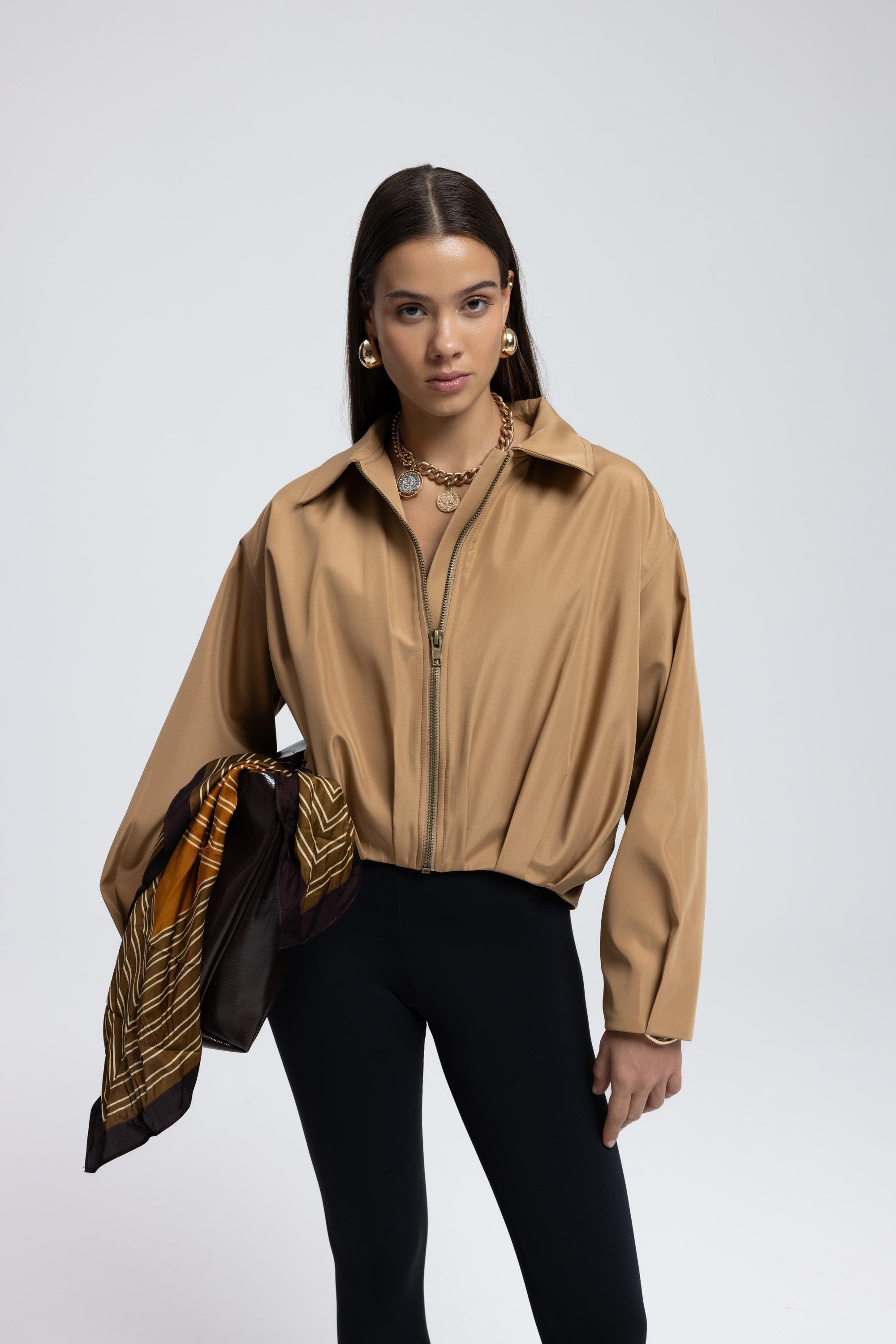 Gathered Bomber Jacket - Camel
