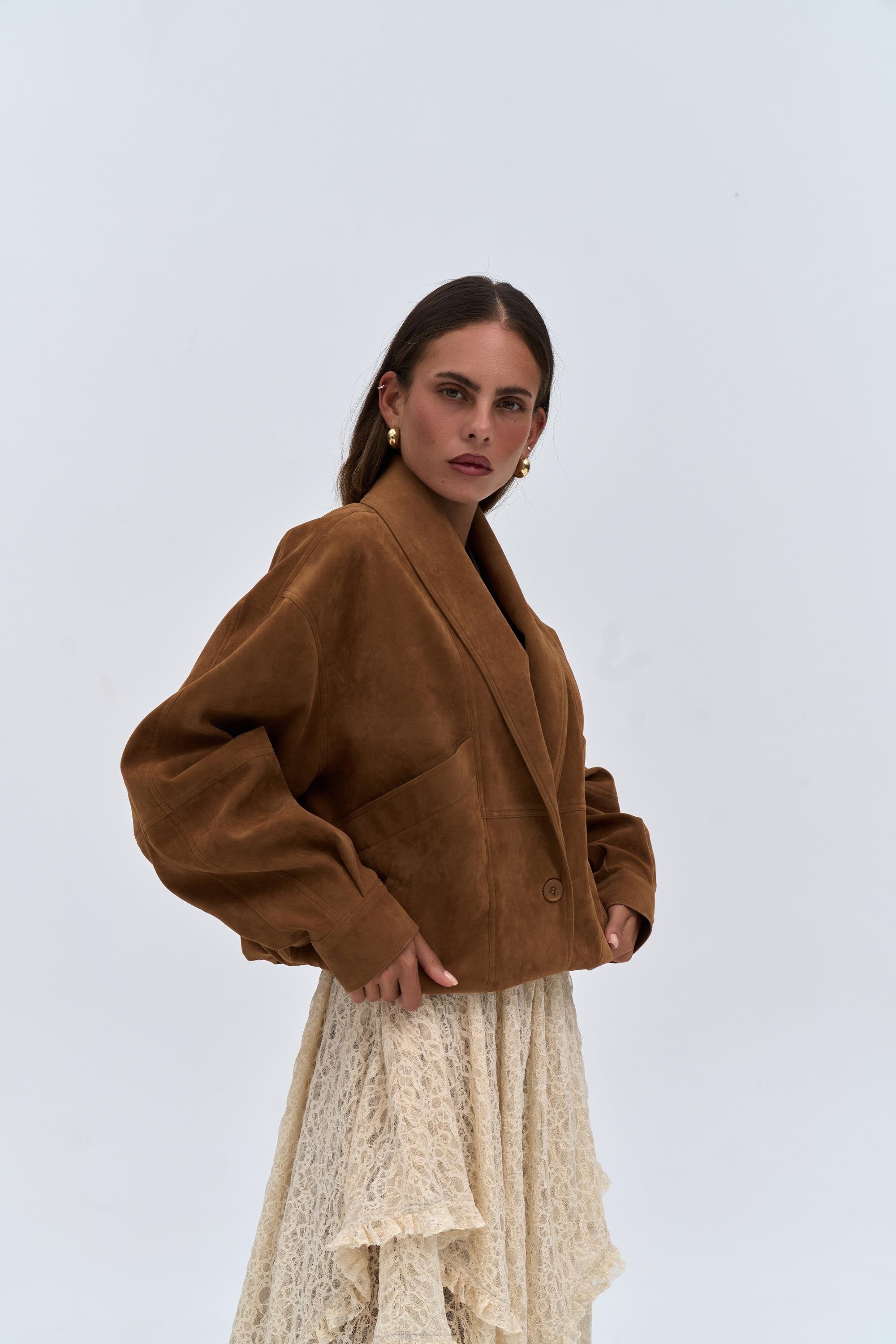 Suede Bomber Jacket - Camel