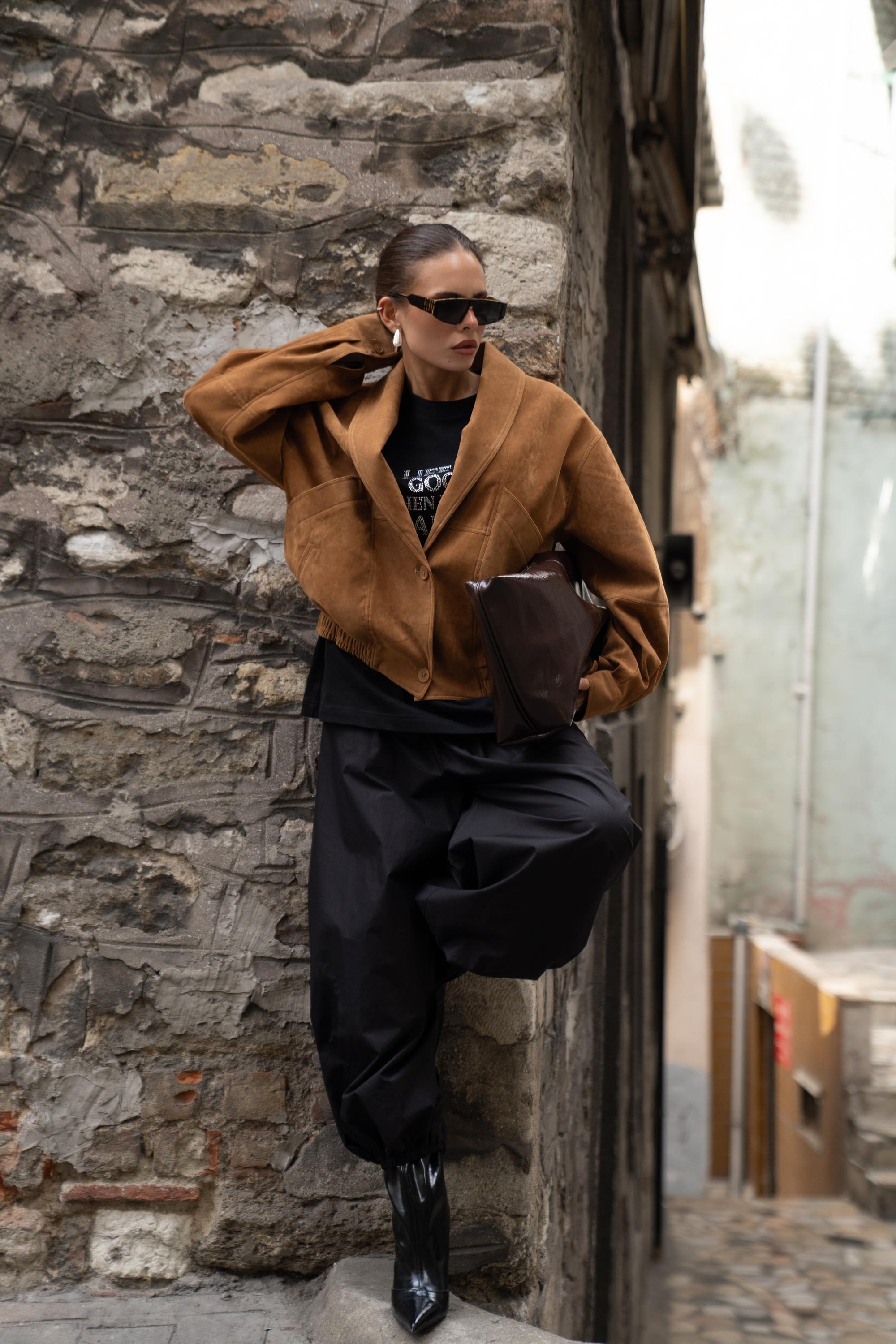 Suede Bomber Jacket - Camel