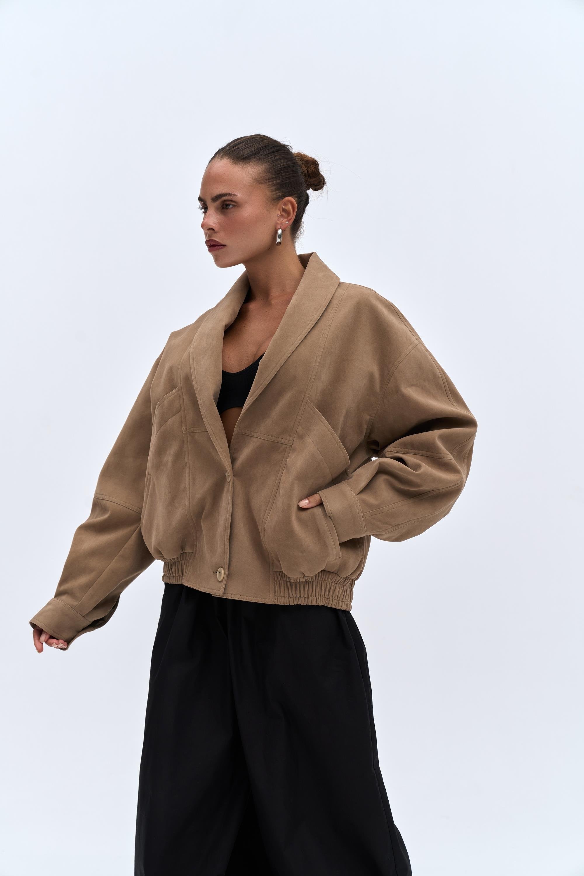 Suede Bomber Jacket - Beige