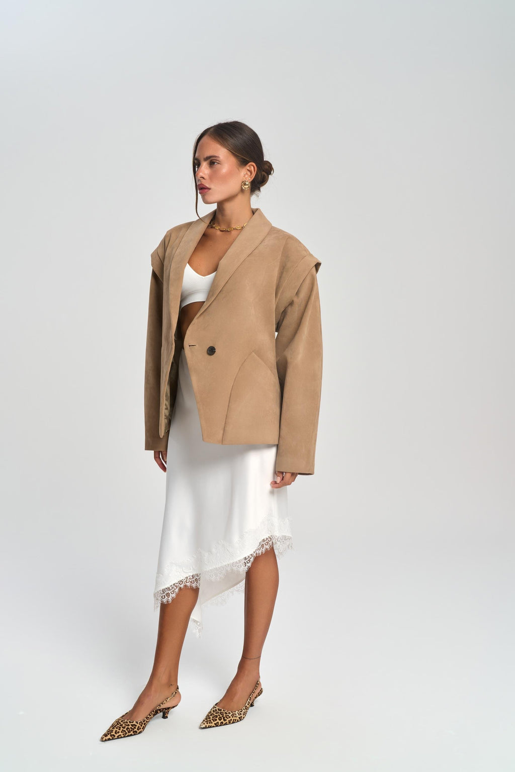Suede Fitted Blazer - Beige