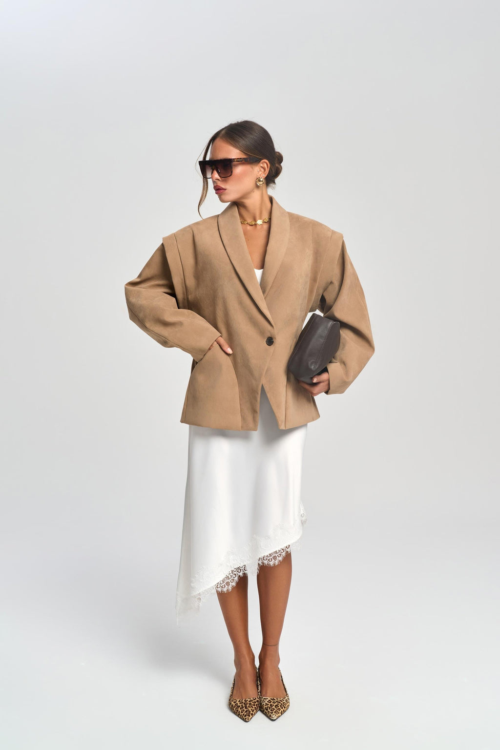 Suede Fitted Blazer - Beige