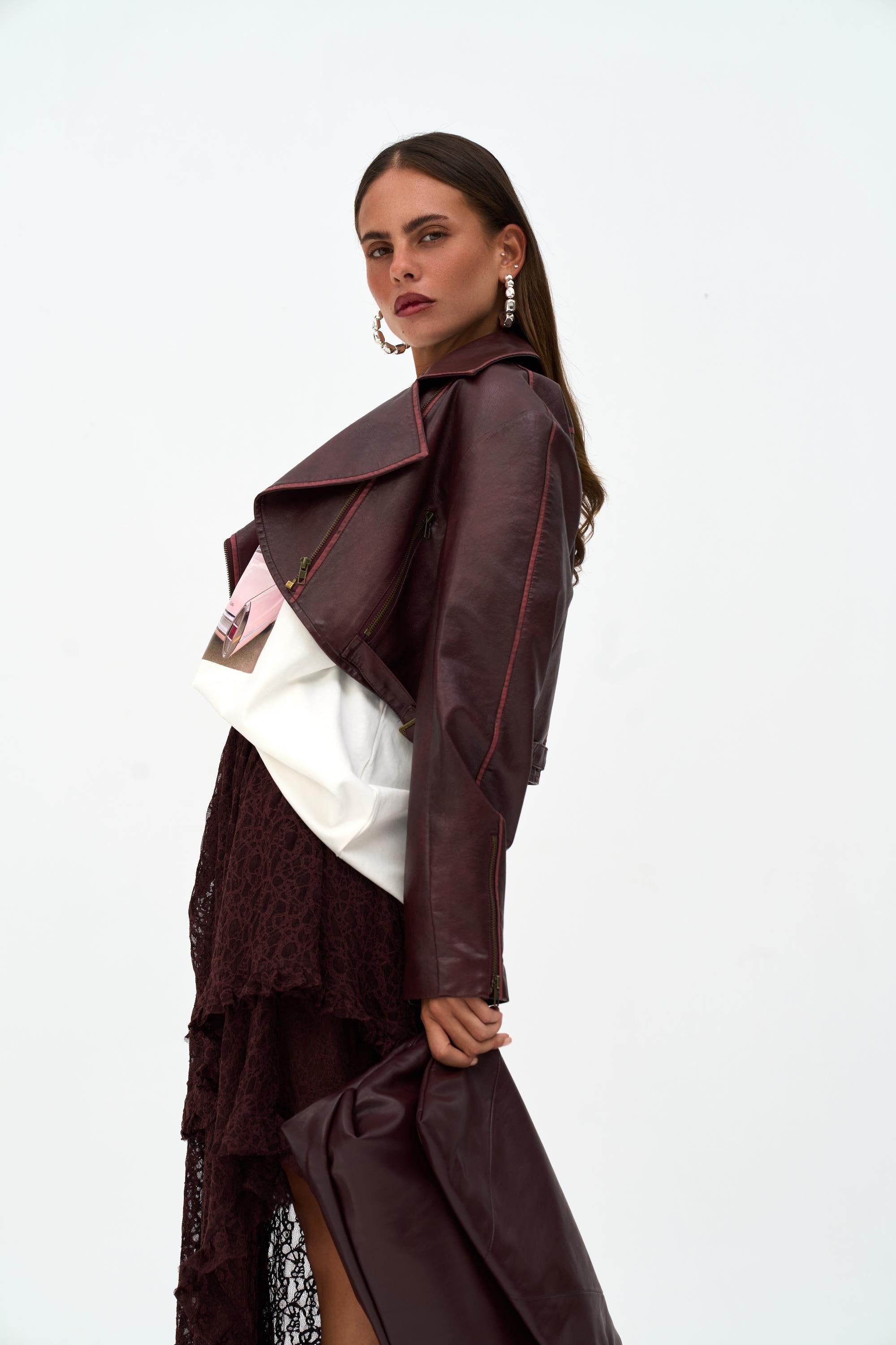 Asymmetric Cropped Burgundy Jacket