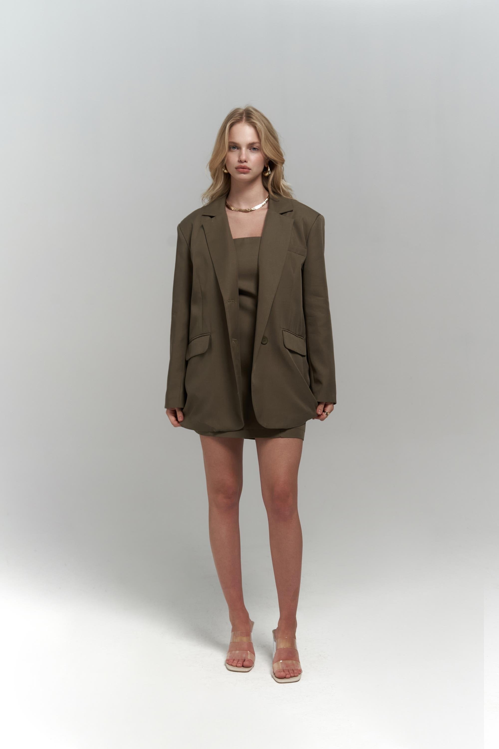 Khaki Dress & Blazer Set