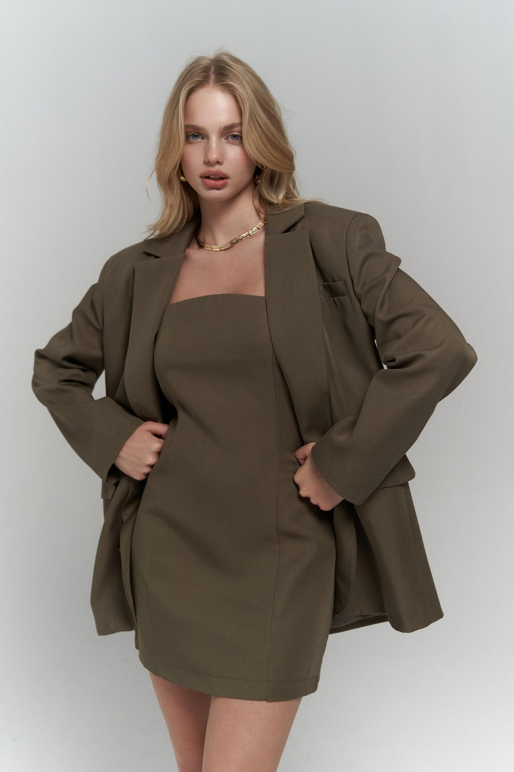 Khaki Dress & Blazer Set