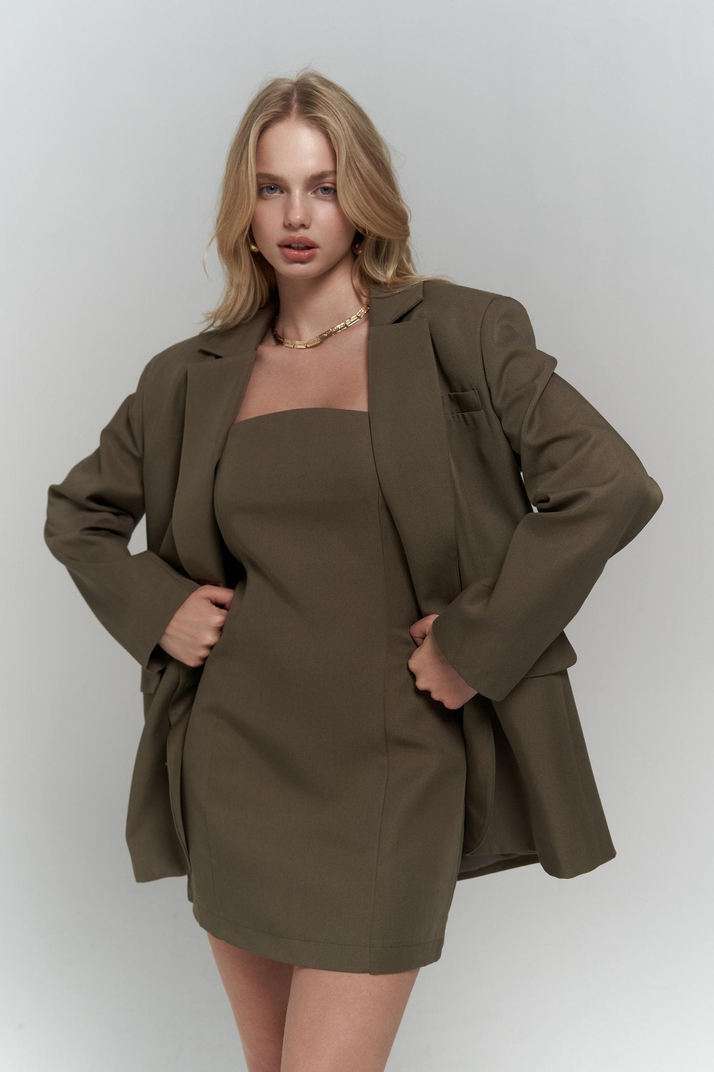 Khaki Dress & Blazer Set