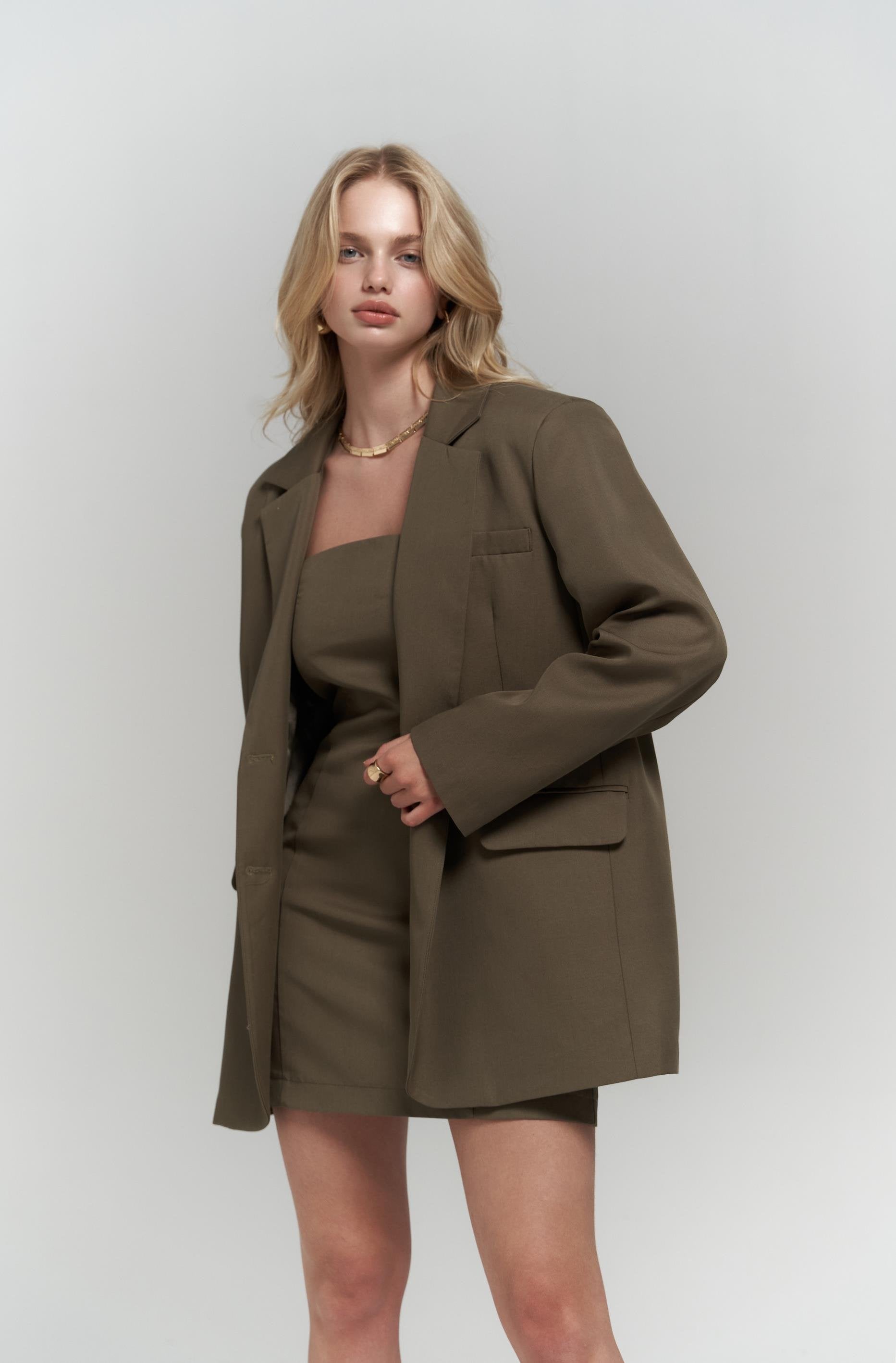Khaki Dress & Blazer Set