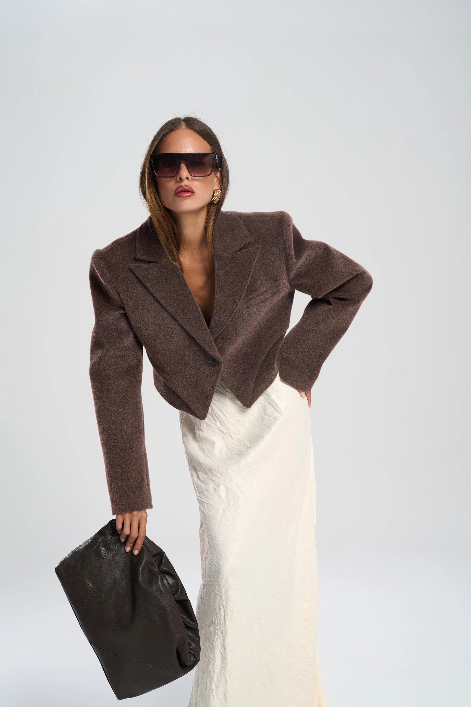 Textured Cropped Blazer - Brown