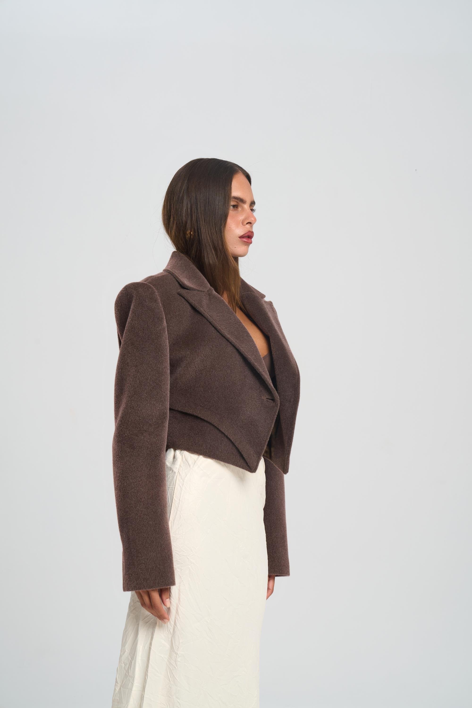 Textured Cropped Blazer - Brown