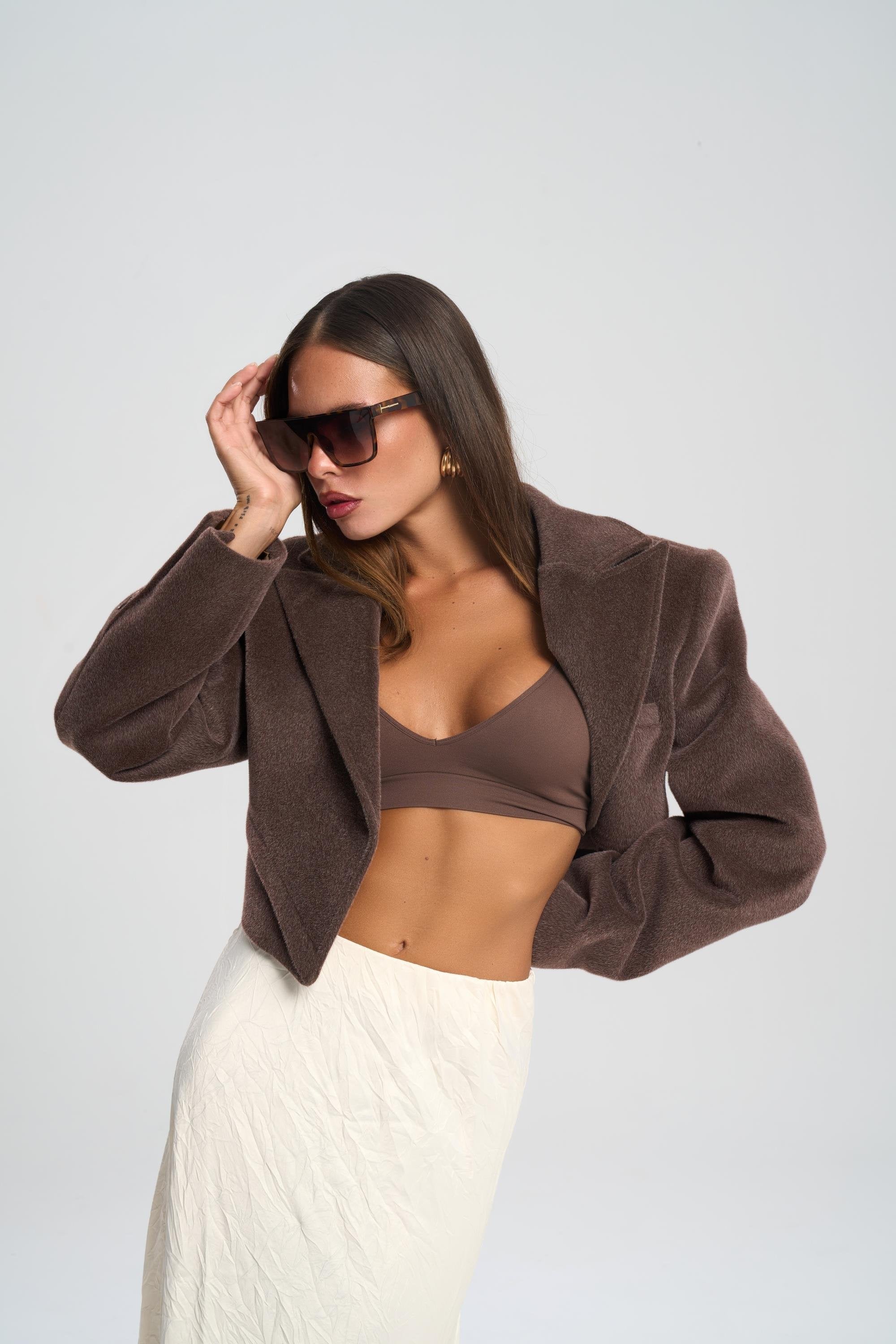 Textured Cropped Blazer - Brown
