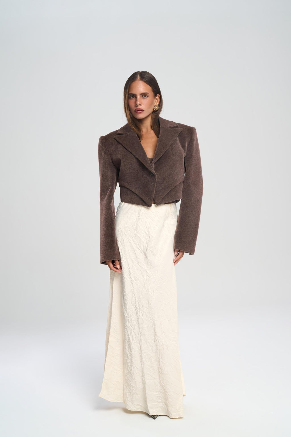 Textured Cropped Blazer - Brown