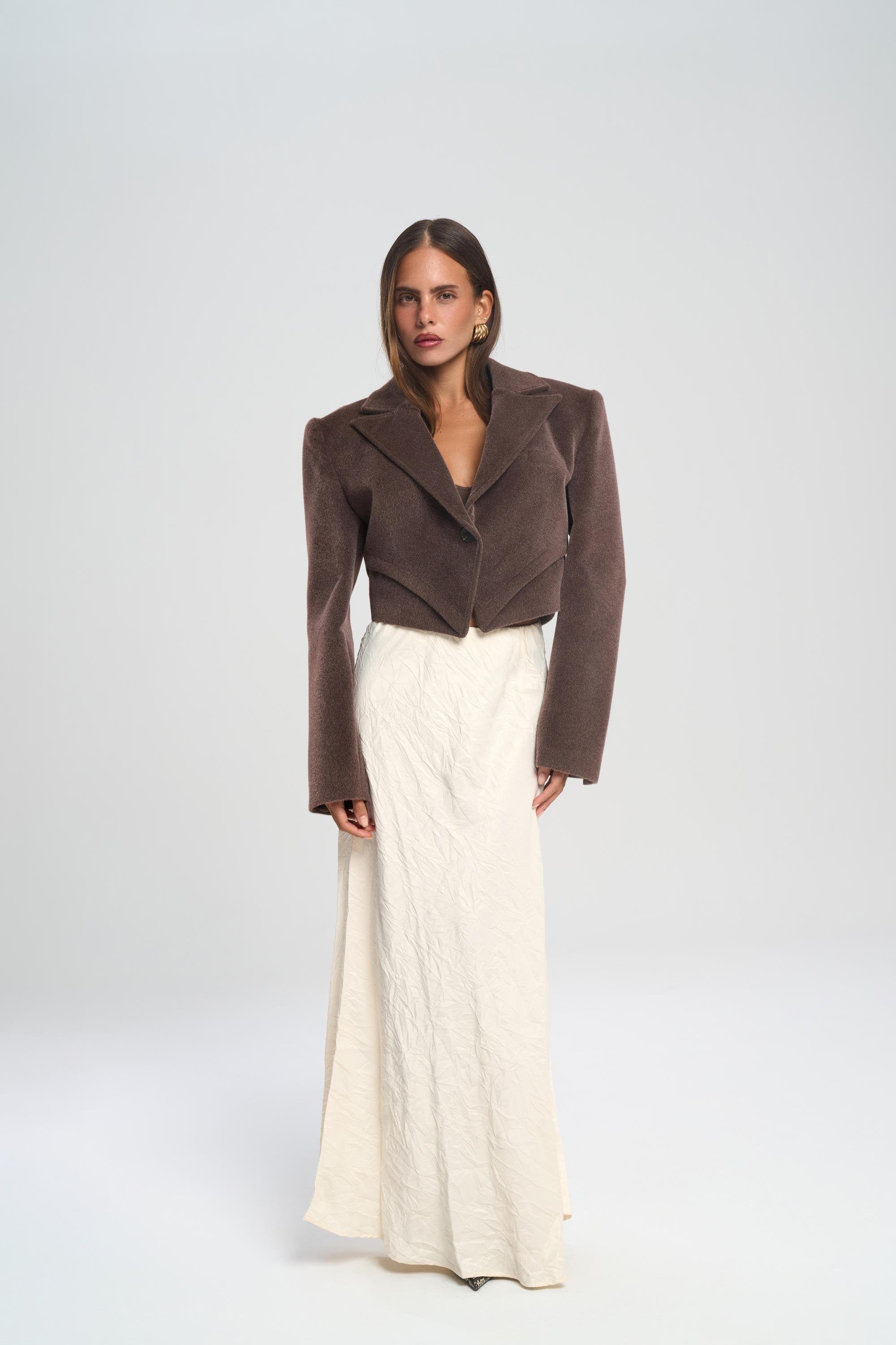 Textured Cropped Blazer - Brown